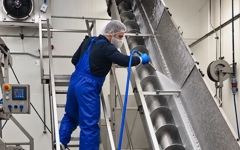 Medewerker in beschermende kleding reinigt een RVS-vijzeltransporteur met een spuitlans